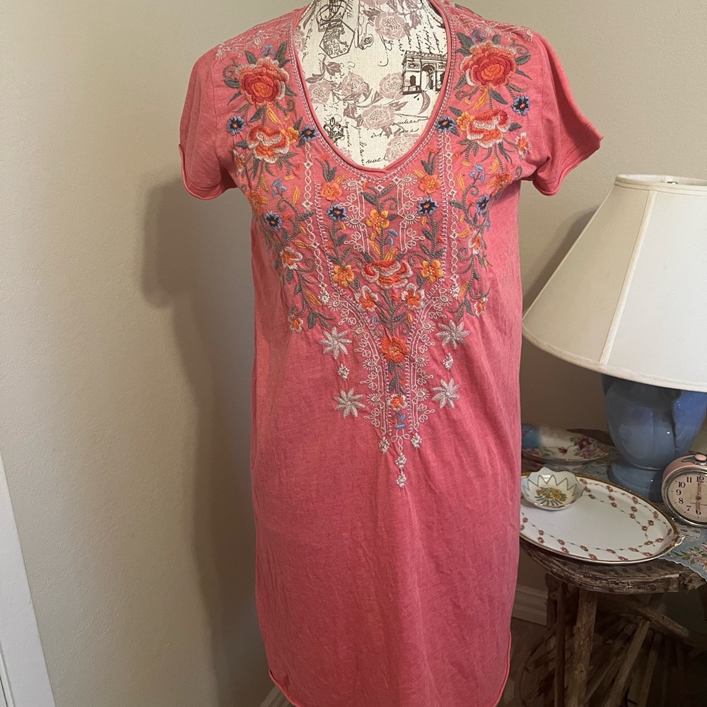 Johnny Was Pink Embroidered Midi Dress
